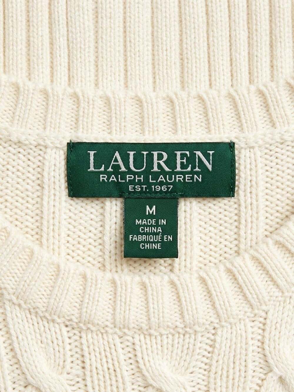Lauren Ralph Lauren Ivory Crest Cable Knit Pullover Sweater Combed Cotton M - Picture 5 of 6